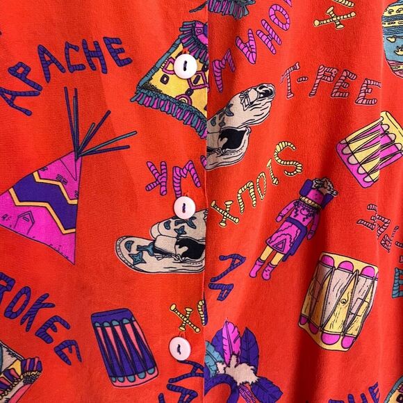 Womens Long Sleeve Silk Shirt Large Red Button Up Tribes Native American Sioux - Picture 6 of 11